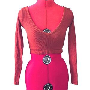 aerie Out From Under Textured Long Sleeve Cropped V Neck Shirt Sz Small Orange W